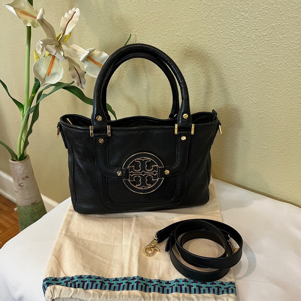 TORY BURCH Amanda Mini Satchel Black Pebbled Leather/Gold Logo Crossbody Bag